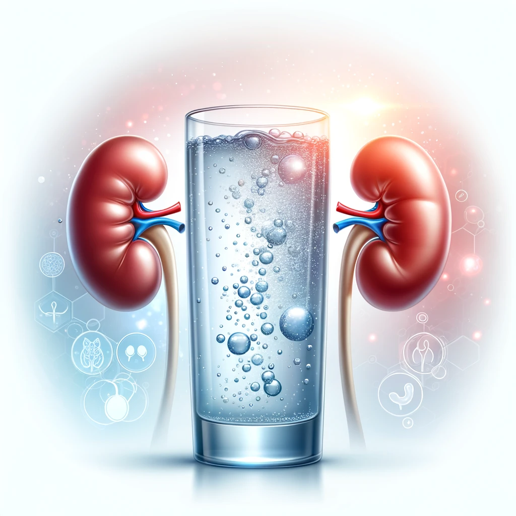 Copo de água com gás, bolhas subindo, com símbolos de rins ao fundo, destacando a ligação entre água com gás e saúde dos rins.
