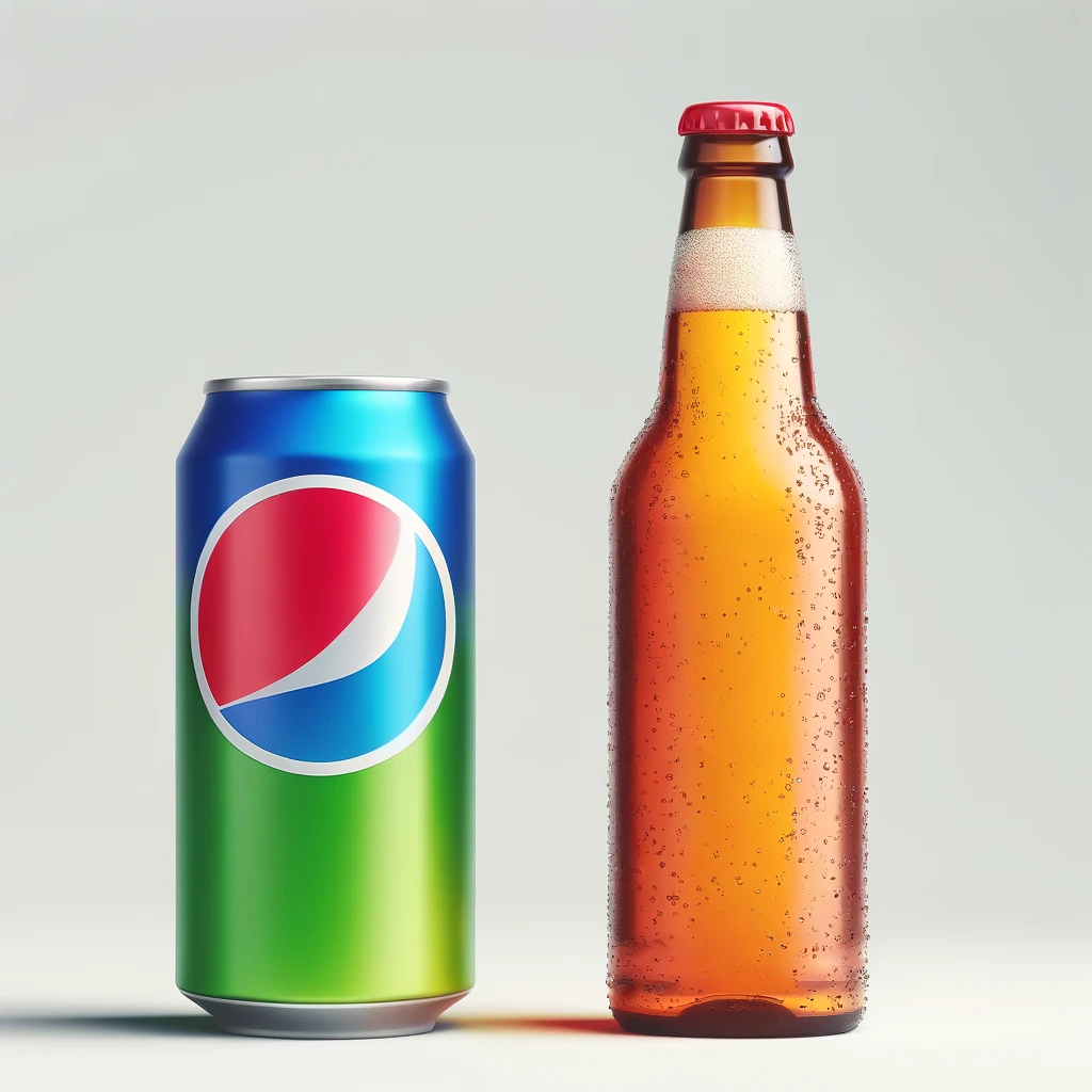Comparação entre uma lata de refrigerante e uma garrafa de cerveja, destacando as diferenças entre as duas bebidas