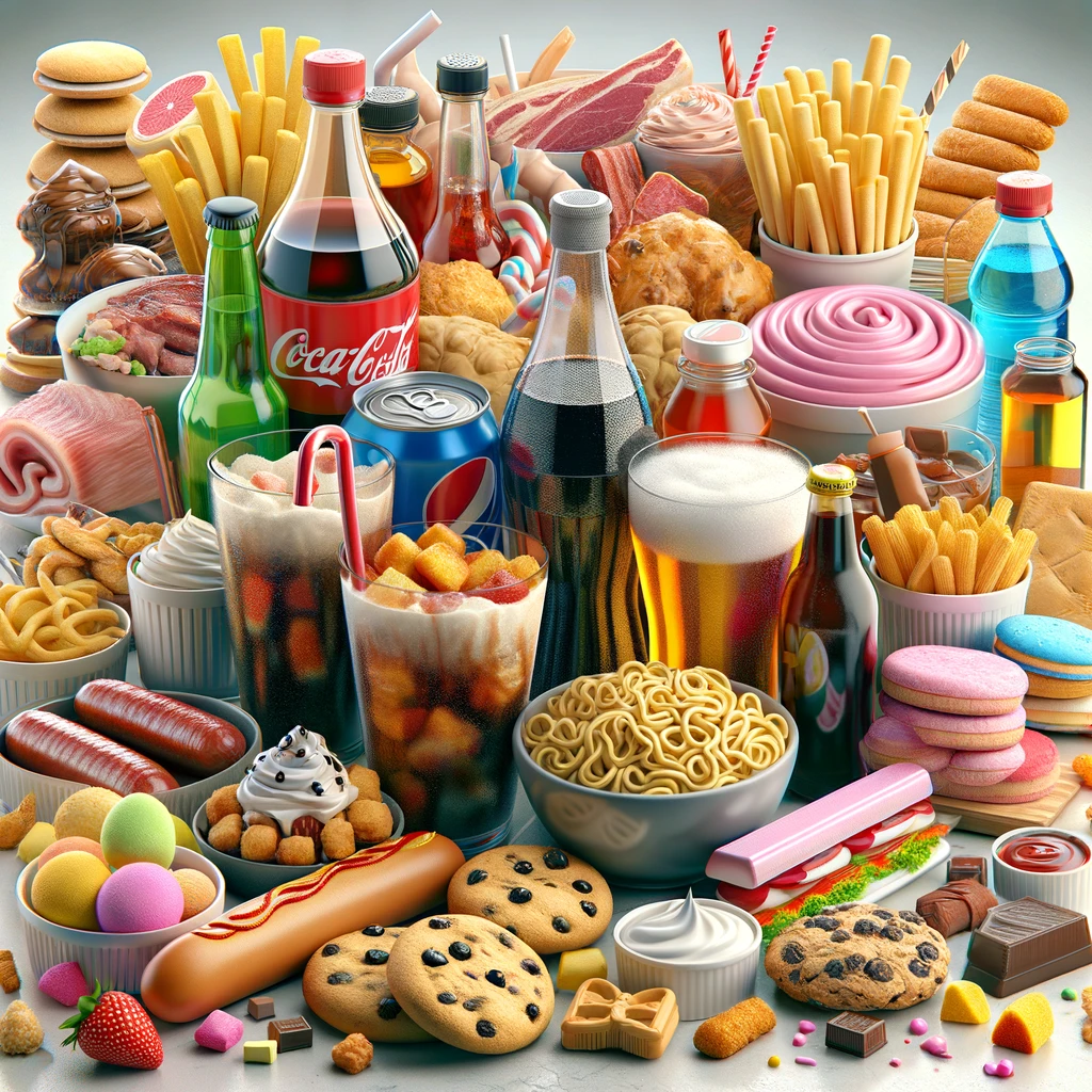Imagem mostrando vários alimentos que podem ser prejudiciais para a saúde, como refrigerantes, carnes processadas, alimentos ricos em sódio, macarrão instantâneo, álcool, sorvete, bolacha recheada, frituras, doces industrializados e fast food.