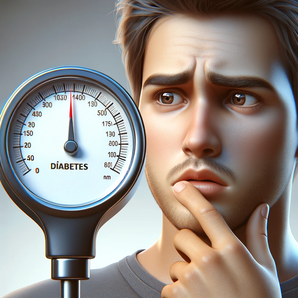 Pessoa olhando preocupada para um marcador com o ponteiro apontando para a palavra 'Diabetes', simbolizando que está no limite para se tornar diabética