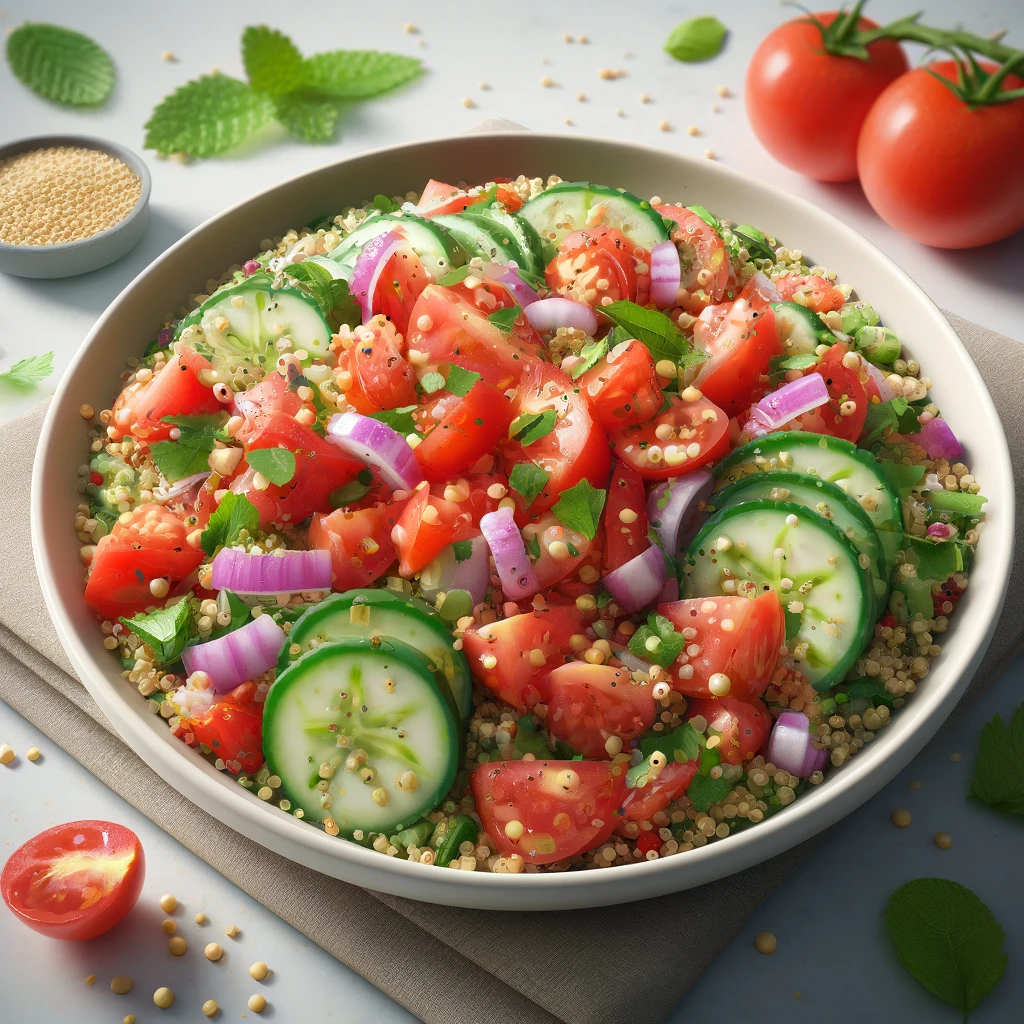 Um prato de tabule de quinoa com tomates, pepinos e cebolas roxas cortados em cubinhos pequenos, misturados com ervas frescas como salsa e hortelã, e quinoa fofa.