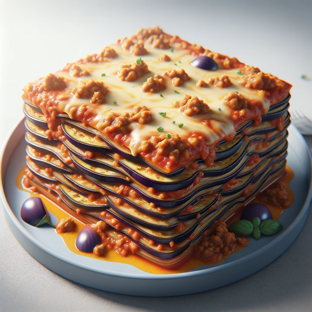 Lasanha de berinjela com camadas de berinjela fatiada, molho de tomate, carne moída ou proteína vegetariana e queijo derretido por cima.