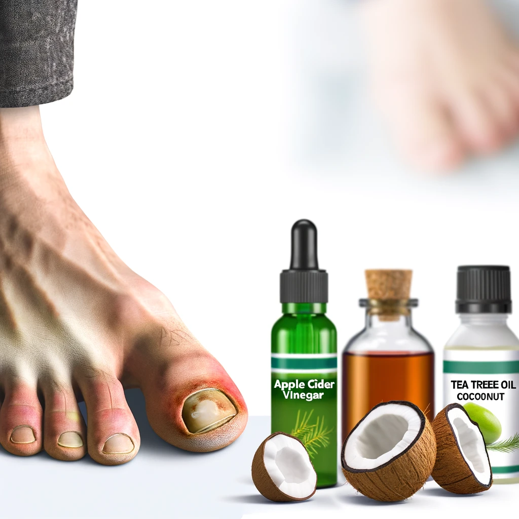 Um pé com unha afetada por fungo, sendo tratado com vinagre de maçã, óleo de melaleuca e óleo de coco.