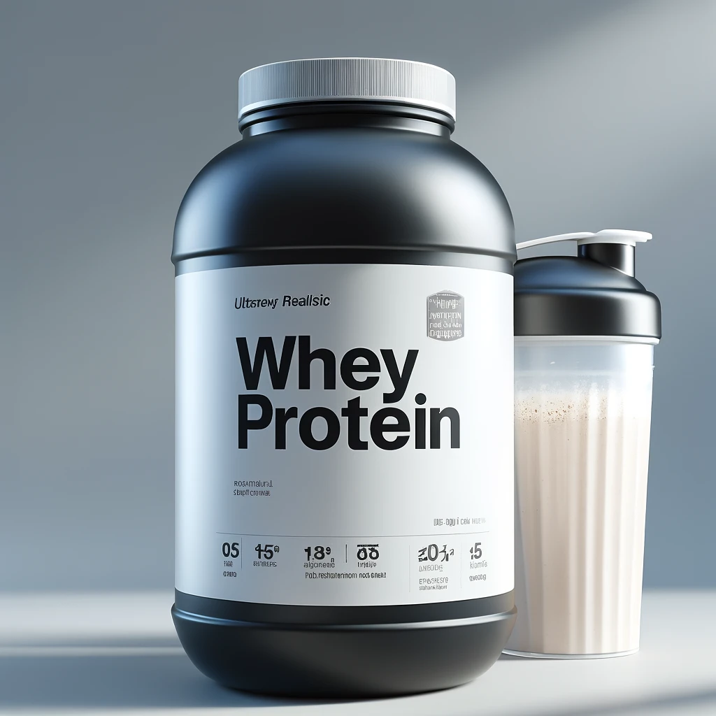 Um pote de whey protein com um rótulo simples escrito "Whey Protein" ao lado de uma coqueteleira com shake de whey protein preparado.