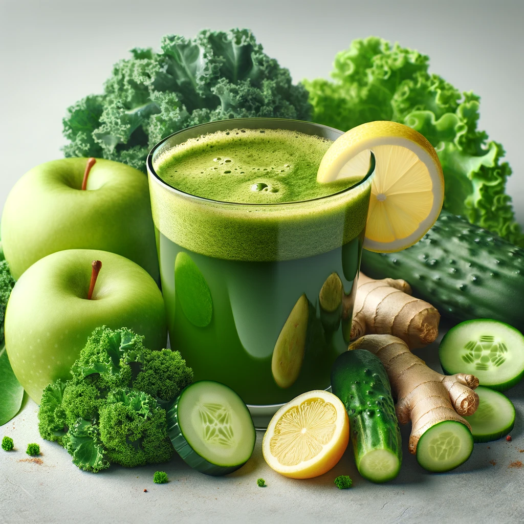 Um copo de suco detox verde feito com ingredientes como couve, maçã, limão, gengibre, pepino e água de coco