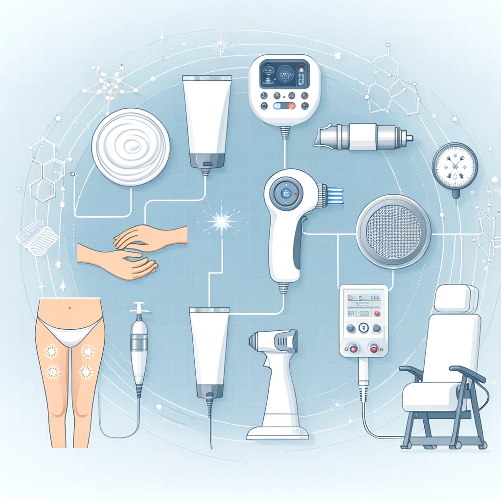 Ilustração mostrando diferentes tratamentos para celulite, incluindo cremes tópicos, massagem, terapia a laser e radiofrequência.