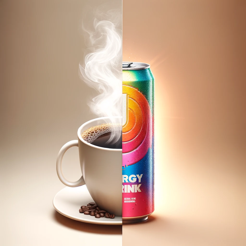 Comparação entre uma xícara de café e uma lata de bebida energética, destacando seus efeitos e benefícios.