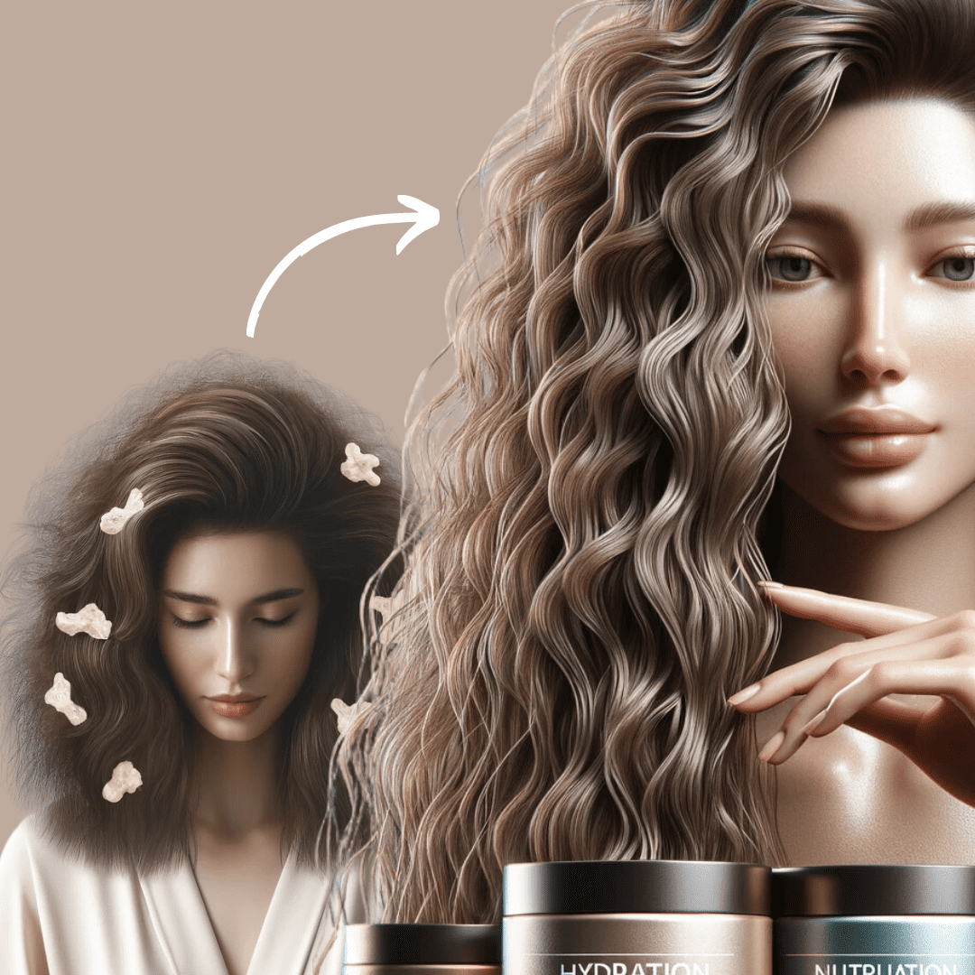 Antes e depois de um tratamento capilar para cabelos secos e porosos, mostrando a transformação de cabelo seco e frisado para cabelo liso e brilhante.