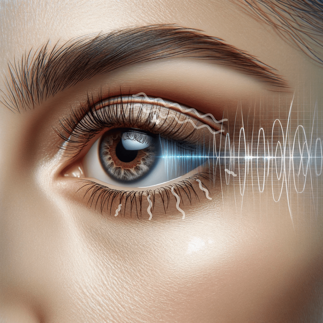 Close-up do rosto de uma mulher com foco no olho, mostrando um leve tremor na pálpebra.