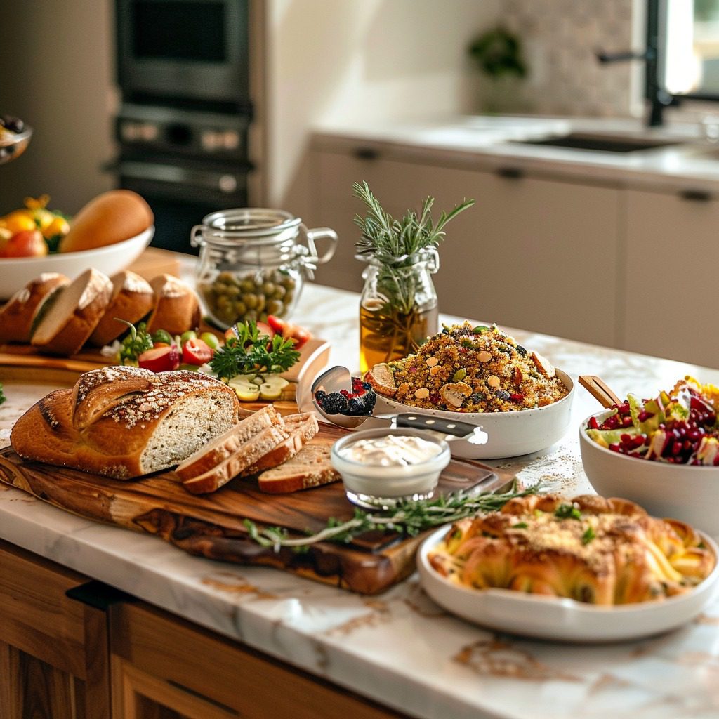 Alimentos ricos em glúten, como pães e massas, ao lado de alternativas sem glúten como quinoa e arroz, representando escolhas alimentares equilibradas.
