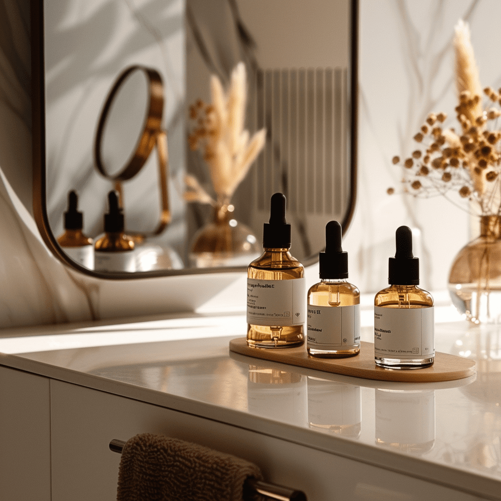 Séruns e produtos de skincare organizados em um balcão iluminado.