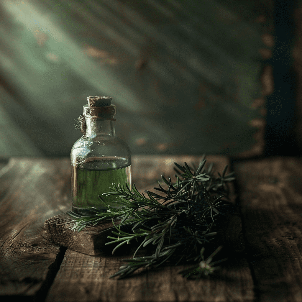 Frasco de óleo de alecrim ao lado de ramos frescos, representando cuidados capilares naturais.