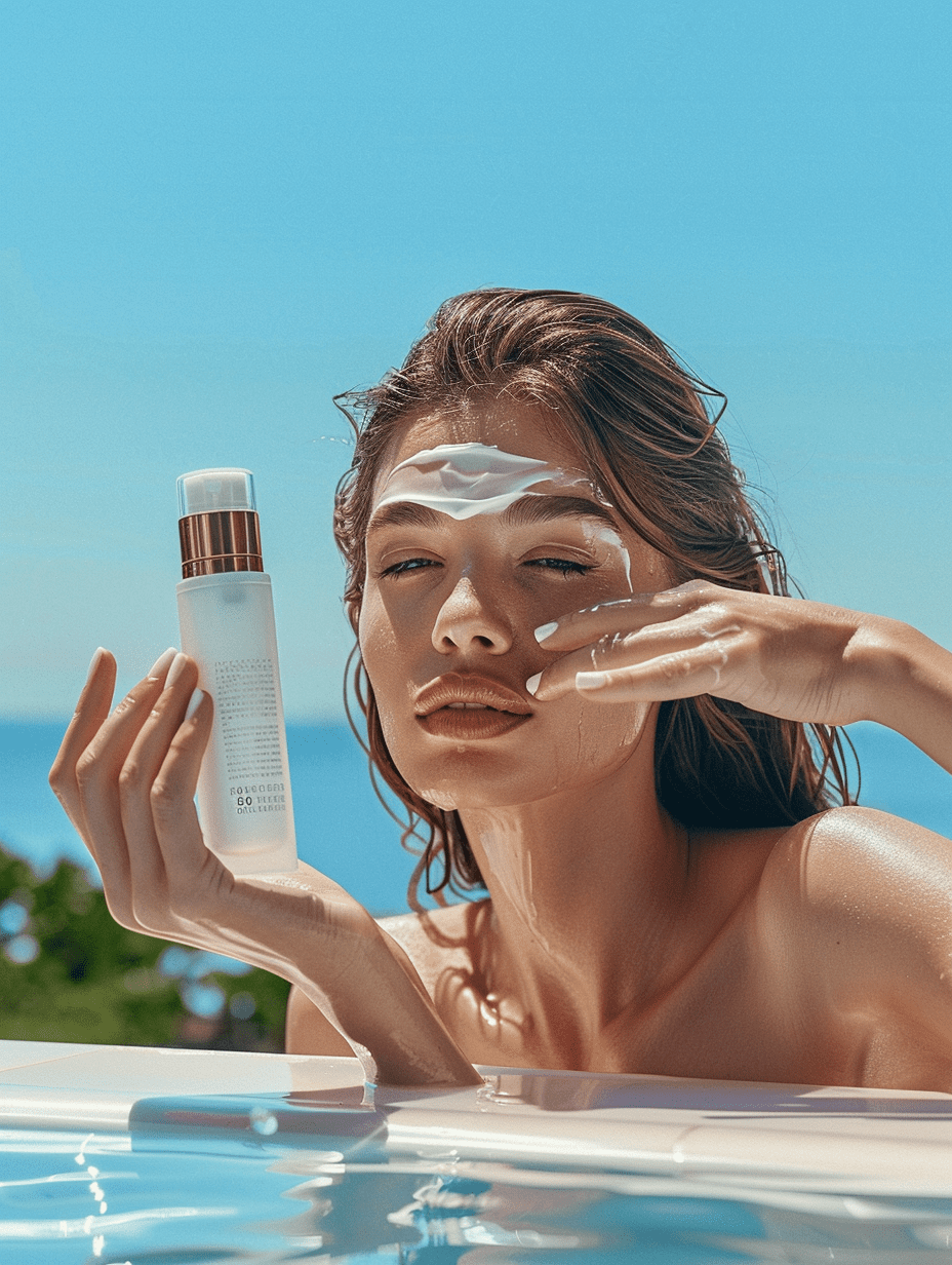 Mulher aplicando protetor solar no rosto ao lado de uma piscina, segurando uma embalagem de protetor solar com rótulo SPF 50.
