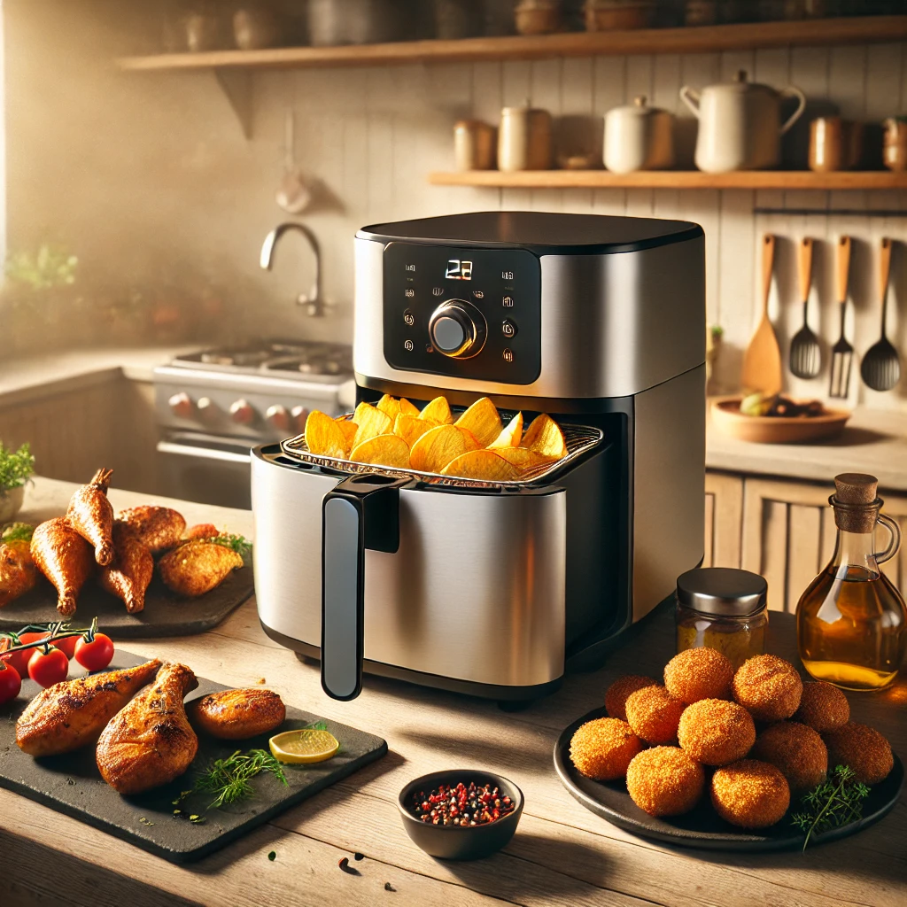 A realistic kitchen counter scene featuring a high-quality airfryer cooking crispy potato wedges. Surrounding the airfryer are freshly prepared dishes such as roasted chicken drumsticks, golden falafel balls, and a small plate of grilled vegetable skewers. The lighting is warm and inviting, highlighting the freshness and appeal of the food. The counter has a clean, modern design with a light wood surface and a few kitchen utensils, fresh herbs, and ingredients neatly arranged for an organized, homely feel.