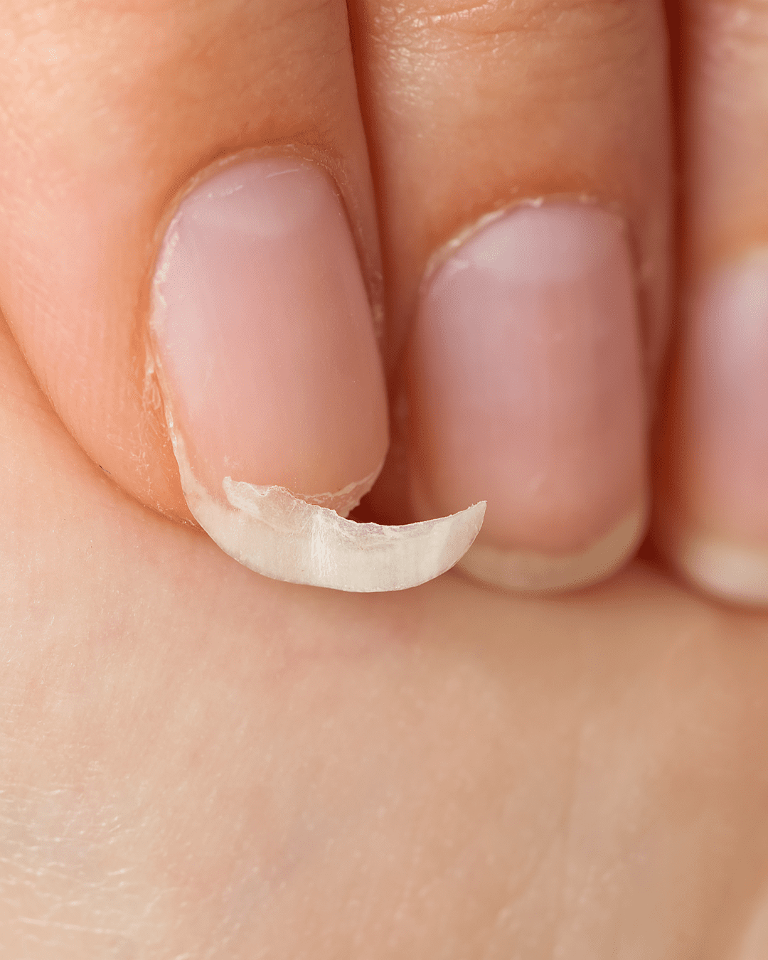 Close-up de uma unha quebrada e descamada, evidenciando sinais de fraqueza e falta de hidratação